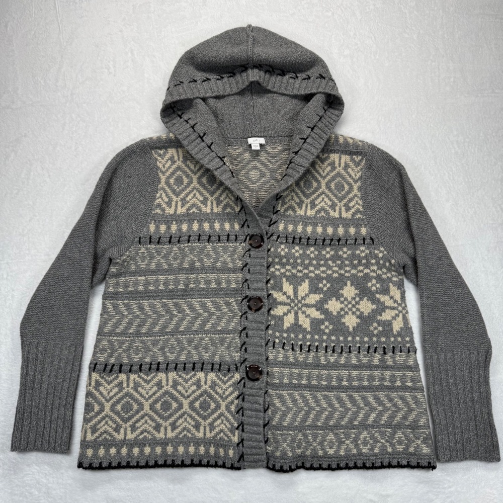 J Jill Hooded Cardigan Sweater Fair Isle‎ Button Front Knit Gray Womens Size L